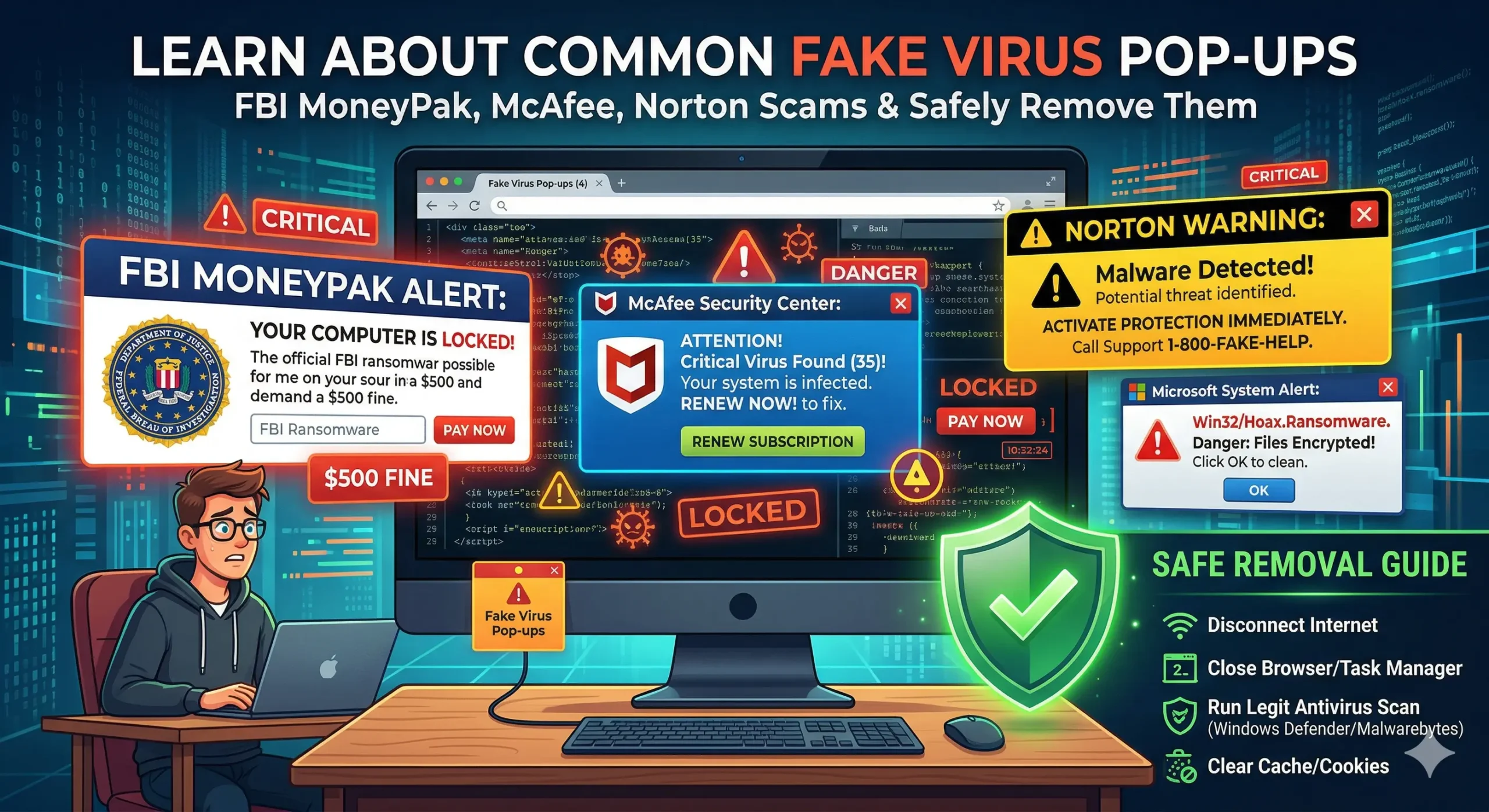 Expert guide on removing fake FBI virus pop-up warning pop-up scams including McAfee and Norton alerts