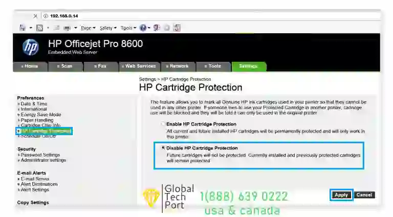 Disable HP Cartridge Protection to bypass Non-HP Chip Detected error on HP printers
