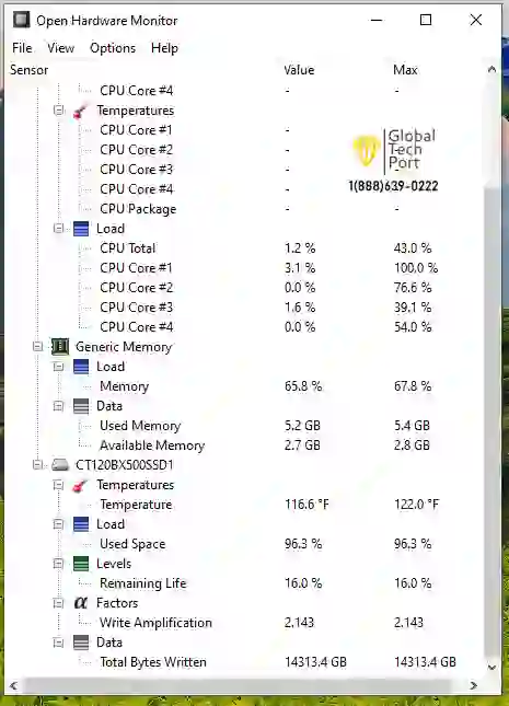 Monitor Laptop Temperature to Prevent Slowdowns Open Hardware Monitor displaying CPU and system temperatures on a Windows 10 laptop