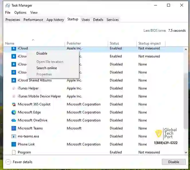 Disable Startup Programs in Windows 10 Task Manager Windows 10 Task Manager Startup tab showing startup programs that can be disabled to speed up a slow laptop