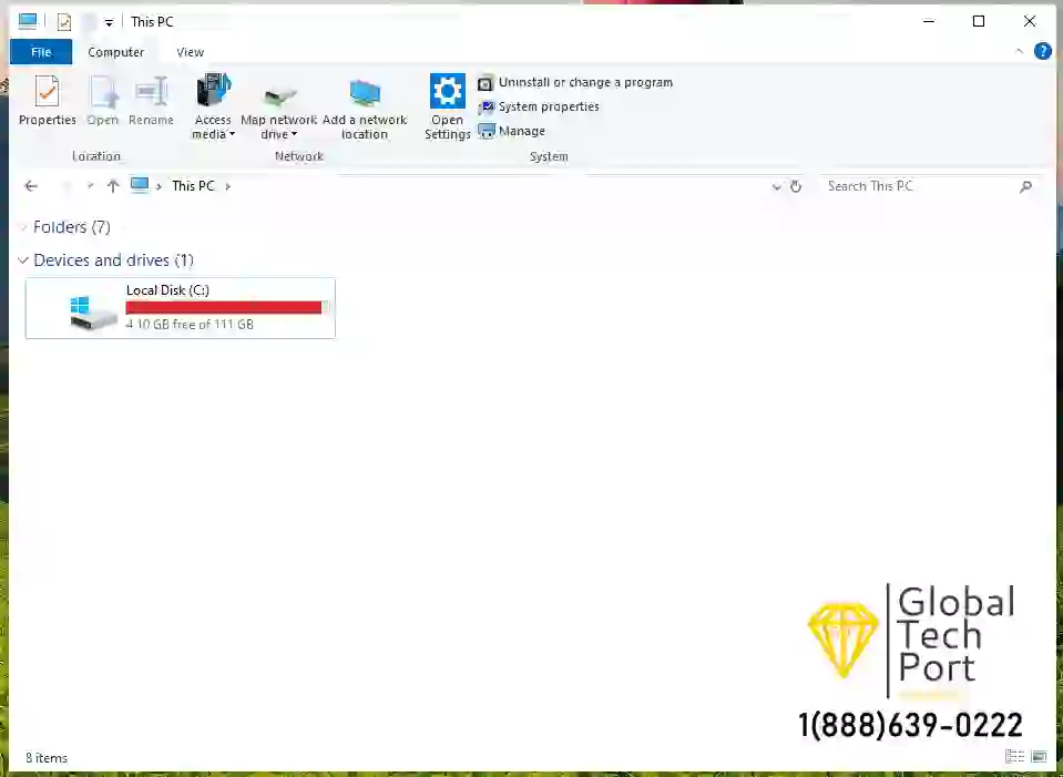 Check Available Storage Space on the Windows 10 C: Drive Windows 10 File Explorer showing available storage space on the C drive of a slow laptop