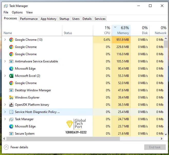 Check CPU, RAM, and Disk Usage in Windows 10 Task Manager Windows 10 Task Manager showing CPU, memory, disk, and network usage for troubleshooting a slow laptop