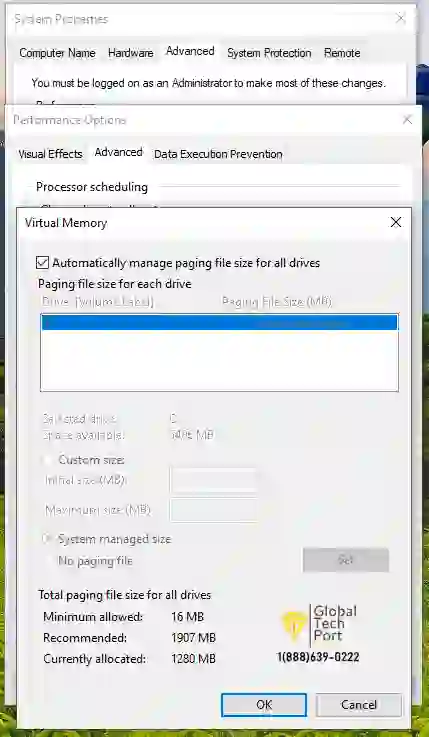 Increase Virtual Memory to Improve System Performance Windows 10 Virtual Memory settings window showing pagefile configuration options
