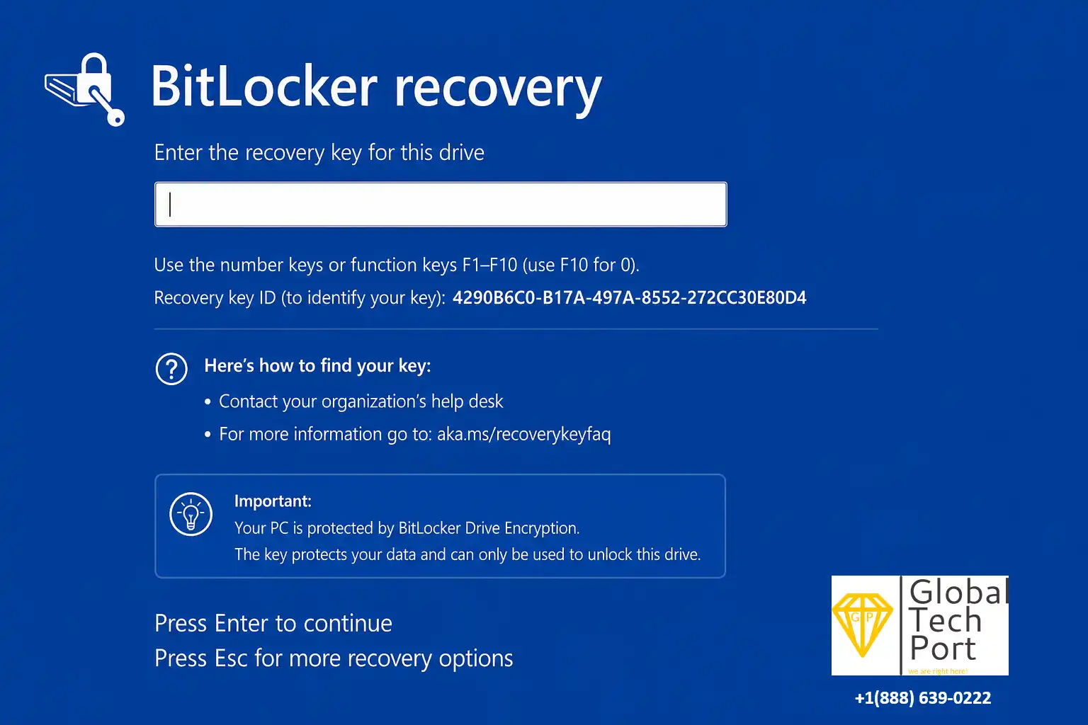 BitLocker recovery key screen on Windows 11 asking for the 48-digit recovery key