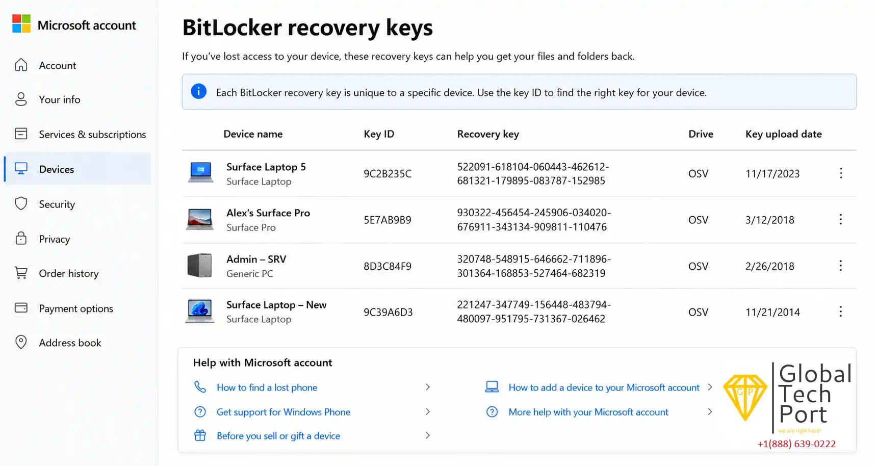 Microsoft account page showing stored BitLocker recovery keys for Windows devices